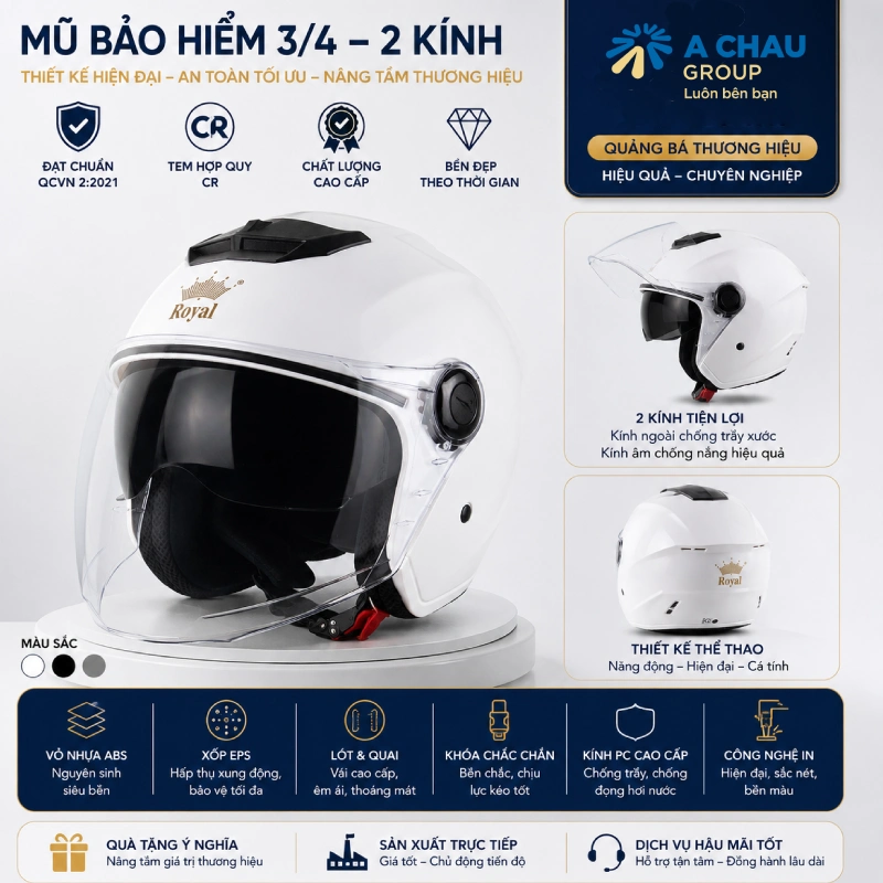 Mũ bảo hiểm in logo 3/4 2 kính