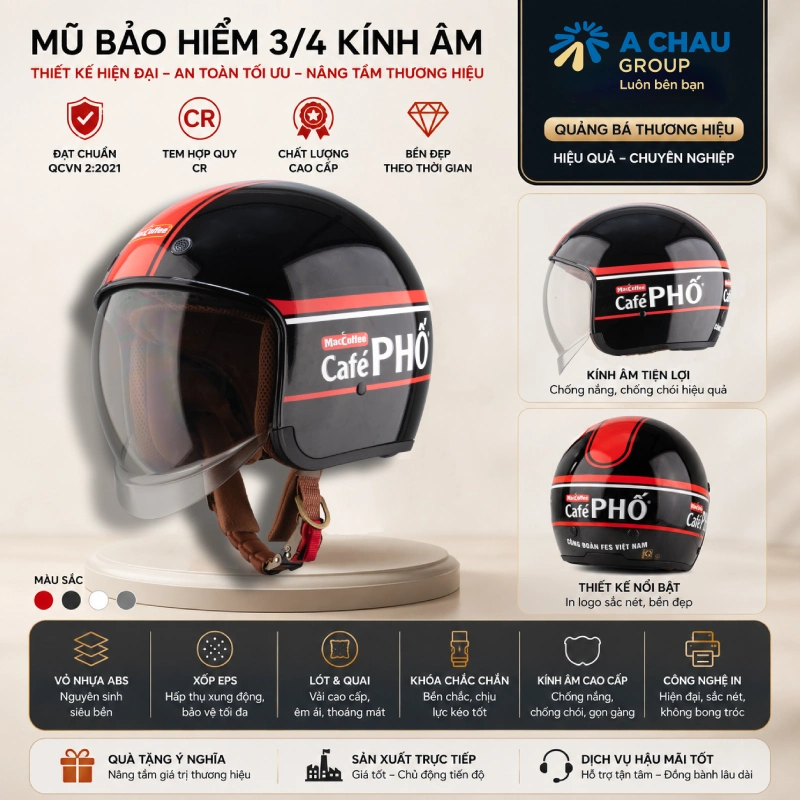 Mũ bảo hiểm in logo 3/4 kính âm