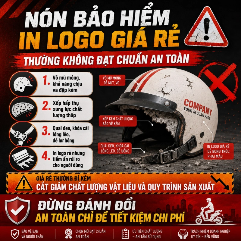 Có nên đặt nón bảo hiểm in logo giá rẻ? 2 Nón bảo hiểm in logo giá rẻ sẽ không đạt chuẩn chất lượng