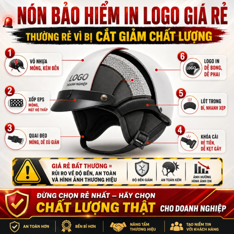 Có nên đặt nón bảo hiểm in logo giá rẻ? 1 Nón bảo hiểm in logo giá rẻ thường rẻ vì bị cắt giảm chất lượng