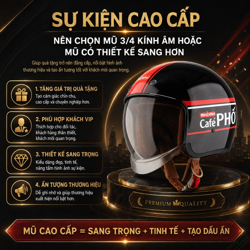 Nón bảo hiểm in logo cho sự kiện cao cấp: nên chọn mũ 3/4 kính âm hoặc mũ có thiết kế sang hơn