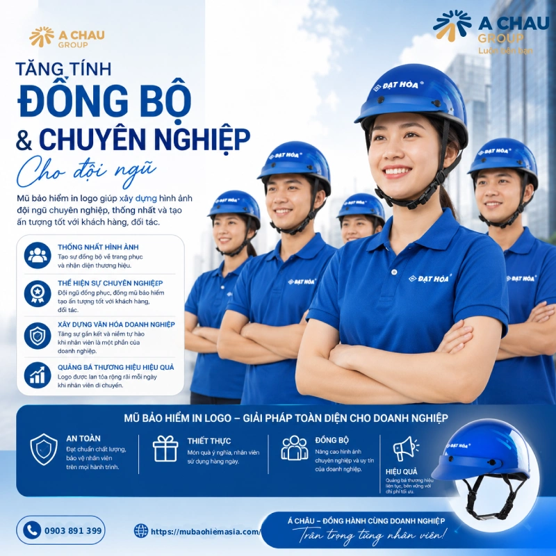 Doanh nghiệp nên tặng mũ bảo hiểm in logo cho nhân viên vì Tăng tính đồng bộ và chuyên nghiệp cho đội ngũ