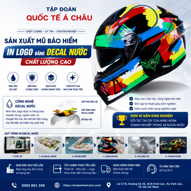 Tập đoàn quốc tế á châu đơn vị sản xuất mũ bảo hiểm in logo bằng decal nước chất lượng cao