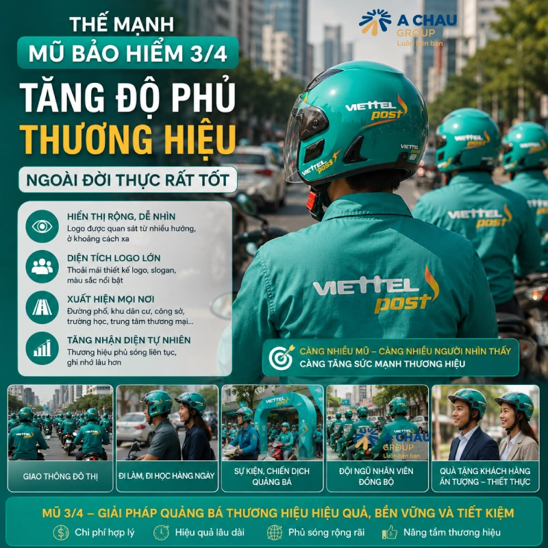Thế mạnh mũ bảo hiểm 3/4 in logo là Tăng độ phủ thương hiệu ngoài đời thực rất tốt