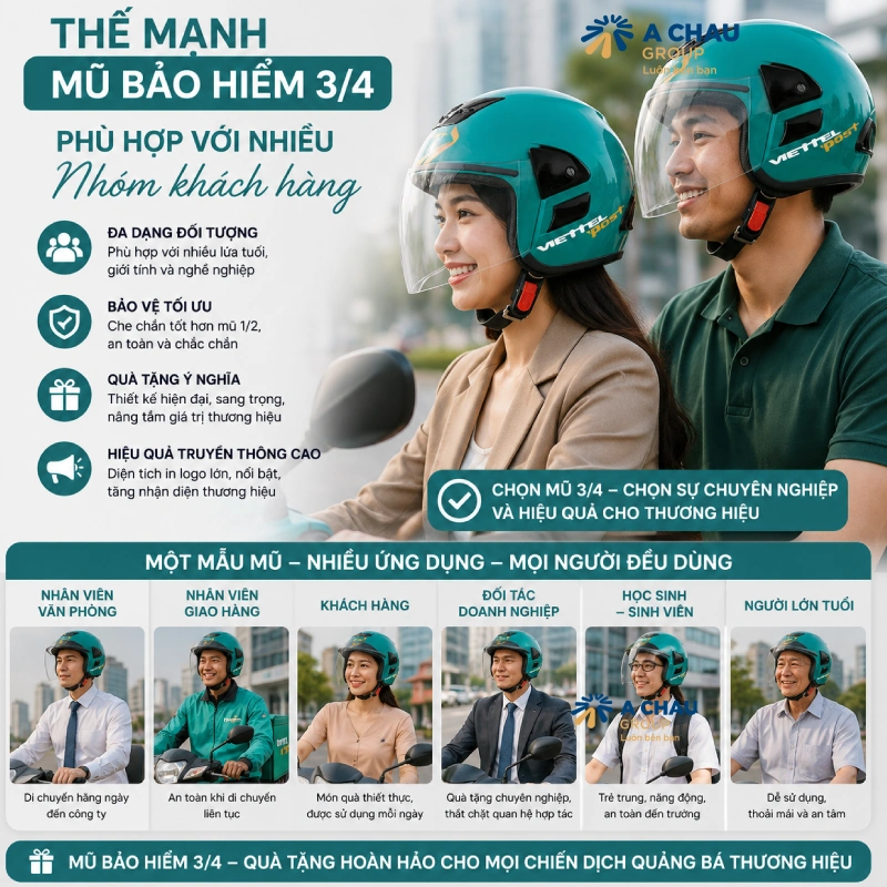 Thế mạnh mũ bảo hiểm 3/4 in logo là Mức độ che chắn tốt, dễ tạo thiện cảm với người dùng