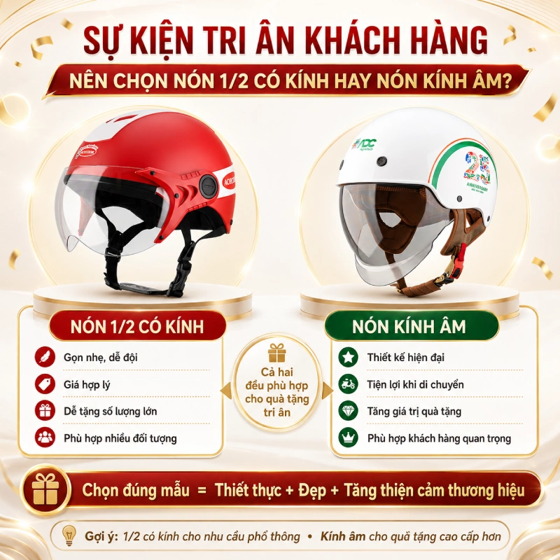 Nón bảo hiểm in logo cho sự kiện tri ân khách hàng: nên chọn nón 1/2 có kính hoặc nón kính âm