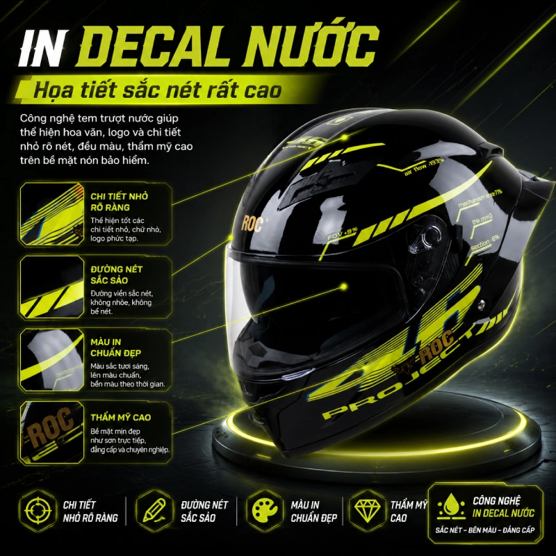 Ưu điểm nổi bật của phương pháp in decal nước trên mũ bảo hiểm là khả năng thể hiện họa tiết với độ sắc nét rất cao