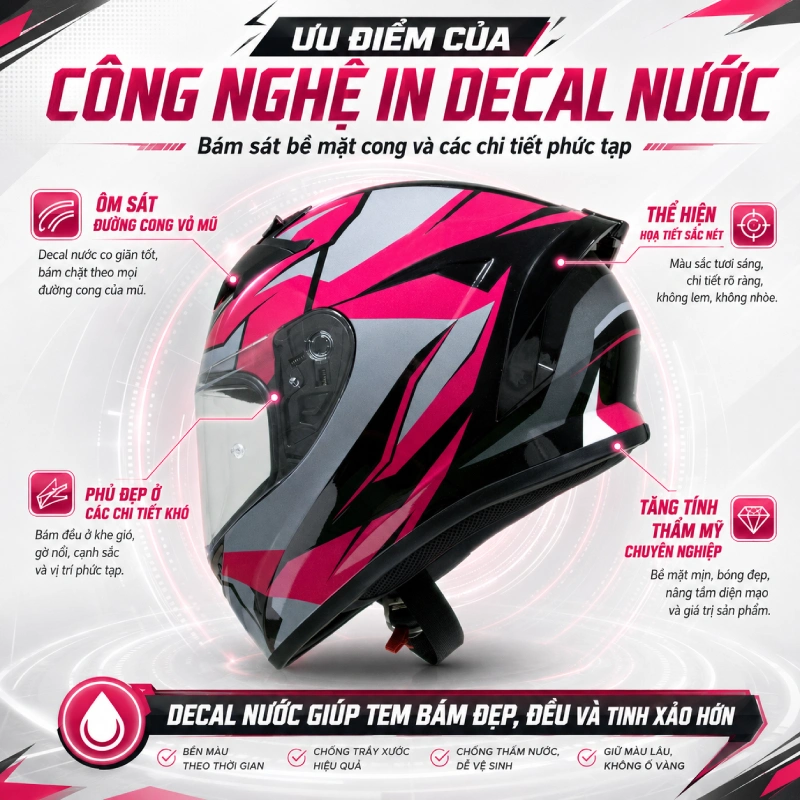 Ưu điểm của công nghệ in decal nước trên mũ bảo hiểm là Bám sát bề mặt cong và các chi tiết phức tạp