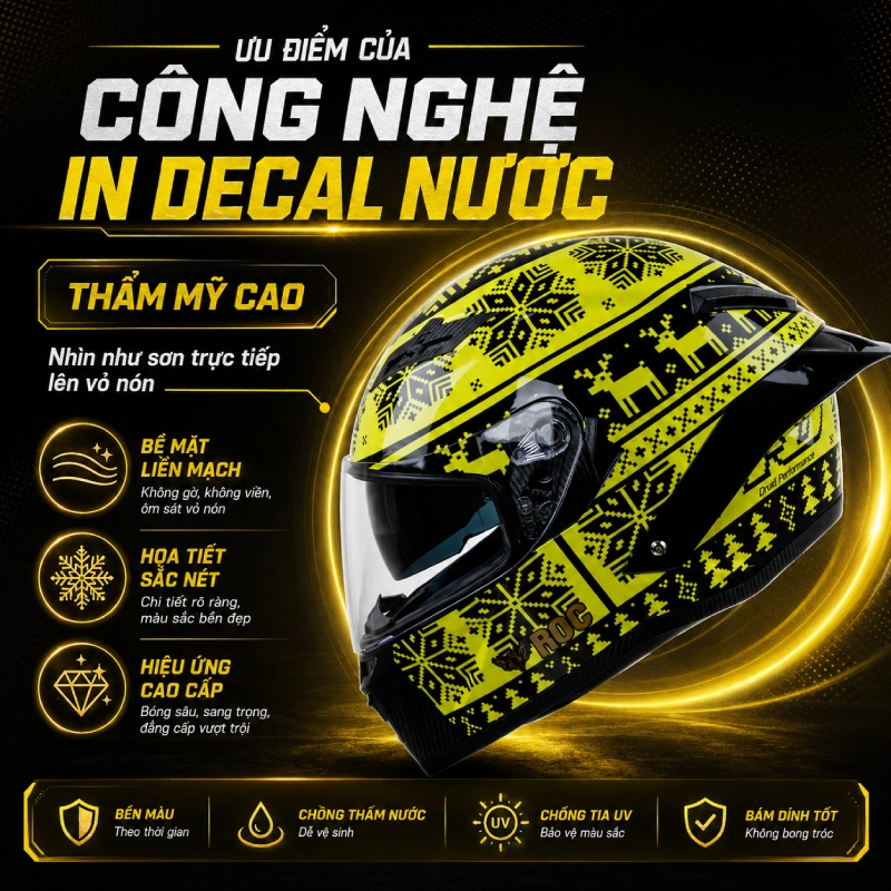 Ưu điểm nổi bật của phương pháp in decal nước trên mũ bảo hiểm là Thẩm mỹ cao, nhìn như sơn trực tiếp lên vỏ nón