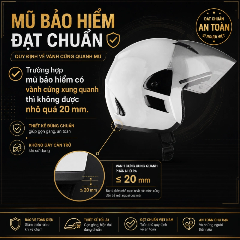 Cách phân biệt mũ bảo hiểm đạt chuẩn với mũ bảo hiểm thời trang 16 Mũ bảo hiểm có vành cứng xung quanh thì không được nhô quá 20 mm
