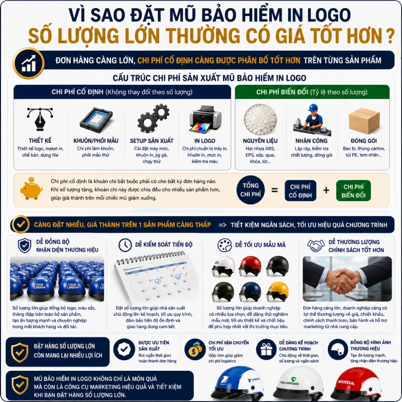 Vì sao đặt mũ bảo hiểm in logo số lượng lớn thường có giá tốt hơn?
