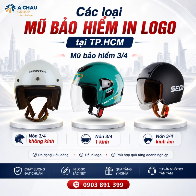 Các loại mũ bảo hiểm in logo tại TP.HCM phổ biến gồm có Mũ bảo hiểm 3/4