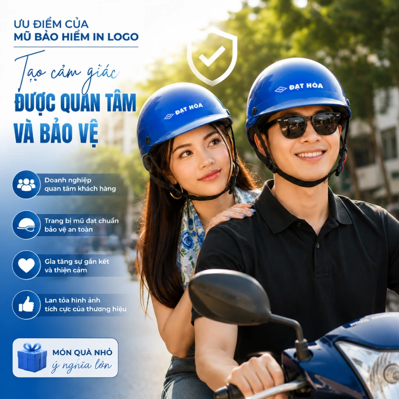 Ưu điểm của nón bảo hiểm in logo là Tạo cảm giác được quan tâm và bảo vệ