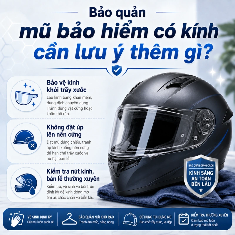 Bảo quản mũ bảo hiểm có kính cần lưu ý thêm gì?