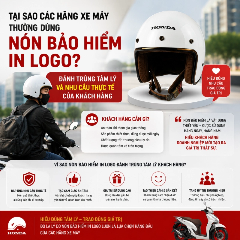 Tại sao các hãng xe máy thường dùng nón bảo hiểm in logo? 2 Các hãng xe máy thường dùng nón bảo hiểm in logo vì Đánh trúng tâm lý và nhu cầu thực tế của khách hàng
