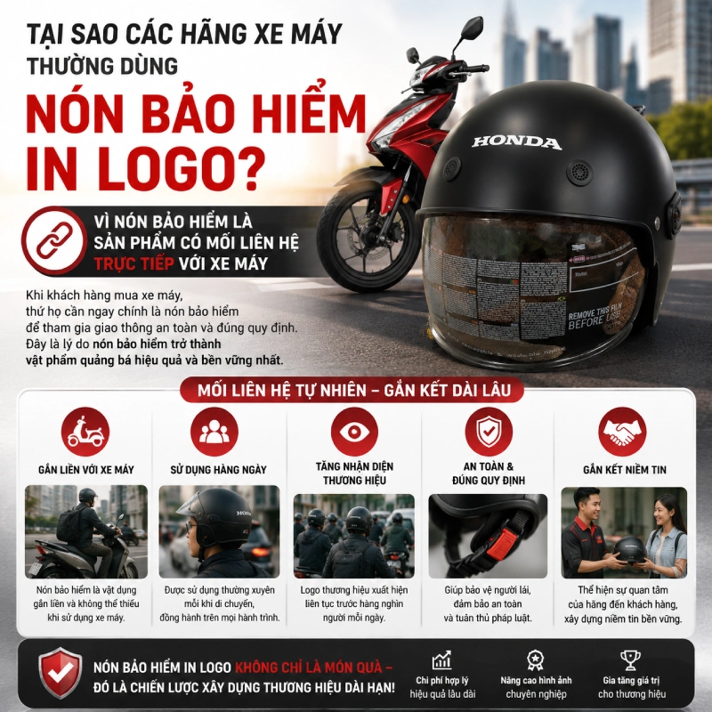 Tại sao các hãng xe máy thường dùng nón bảo hiểm in logo? 1 Các hãng xe máy thường dùng nón bảo hiểm in logo vì nón bảo hiểm là sản phẩm có mối liên hệ trực tiếp với xe máy