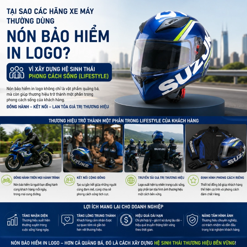 Tại sao các hãng xe máy thường dùng nón bảo hiểm in logo? 4 Các hãng xe máy thường dùng nón bảo hiểm in logo vì Xây dựng hệ sinh thái phong cách sống