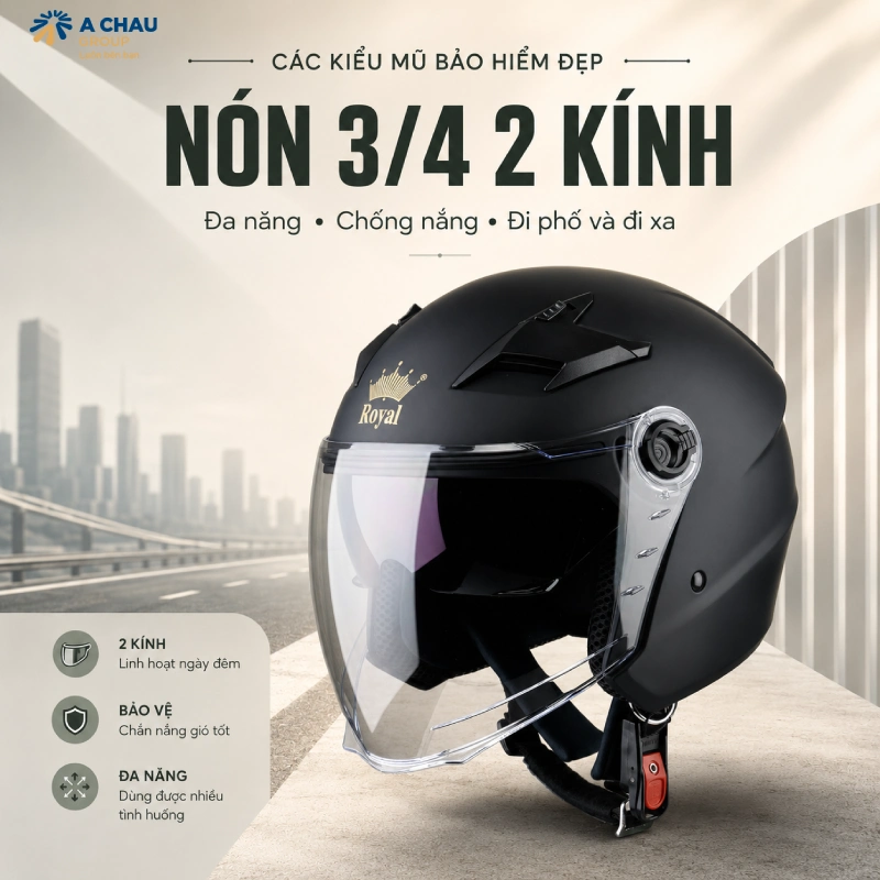 Các kiểu mũ bảo hiểm đẹp Nón 3/4 2 kính âm