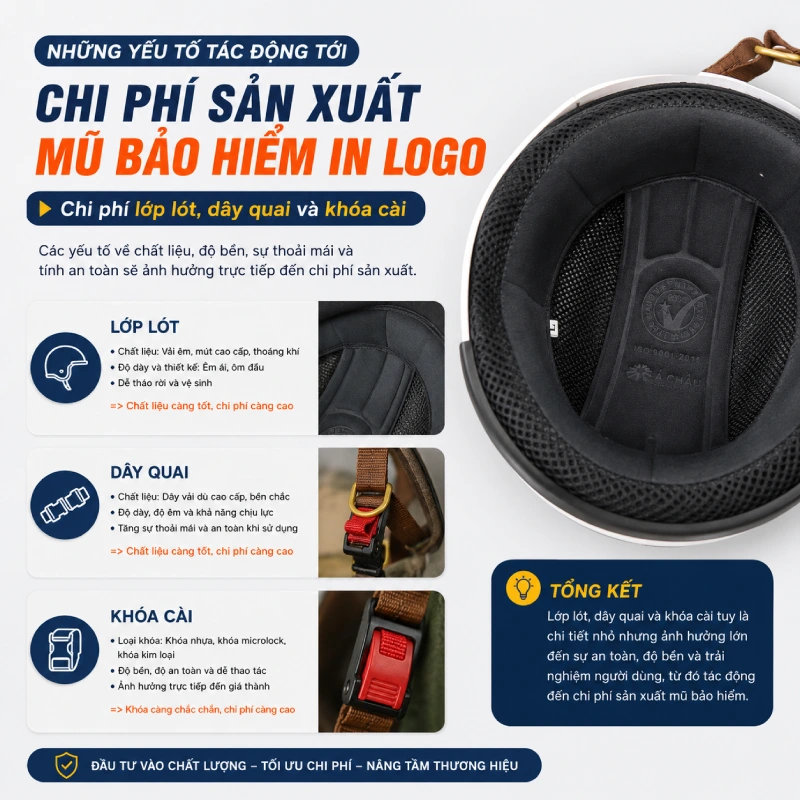 Những yếu tố tác động tới chi phí sản xuất mũ bảo hiểm in logo là phần lớp lót, dây quai và khóa cài