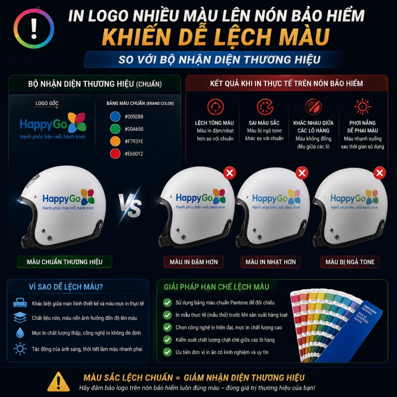 Có nên in logo nhiều màu trên nón bảo hiểm? 2 In logo nhiều màu trên nón bảo hiểm Dễ lệch màu so với bộ nhận diện thương hiệu