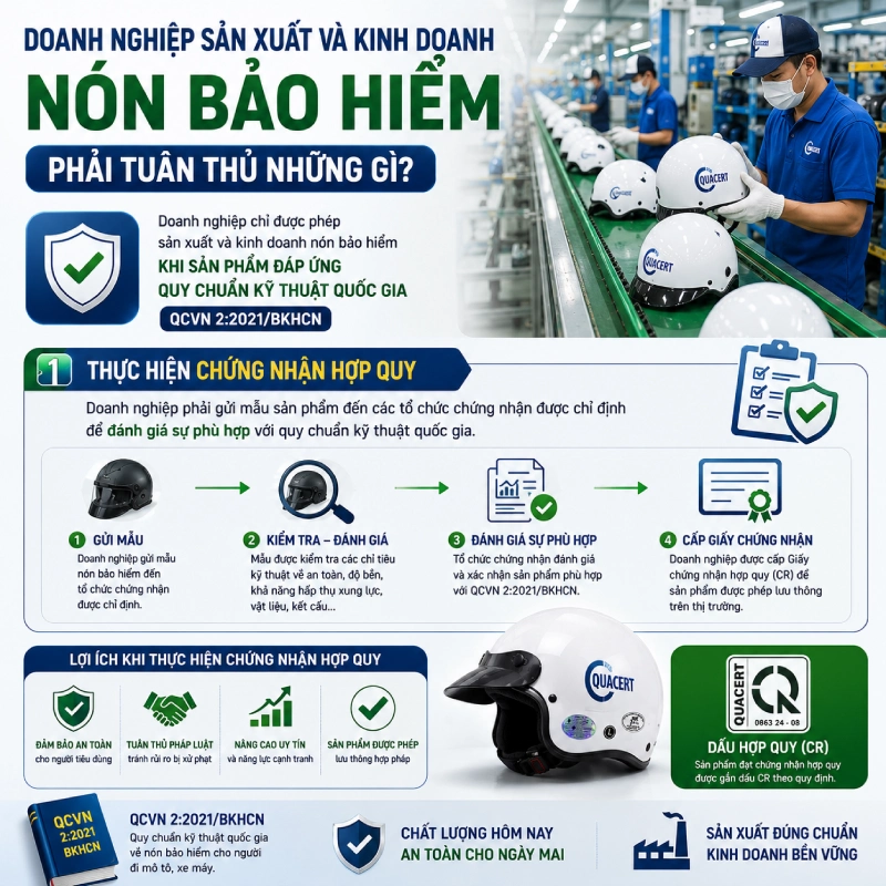 Doanh nghiệp sản xuất và kinh doanh nón bảo hiểm phải tuân thủ Thực hiện chứng nhận hợp quy