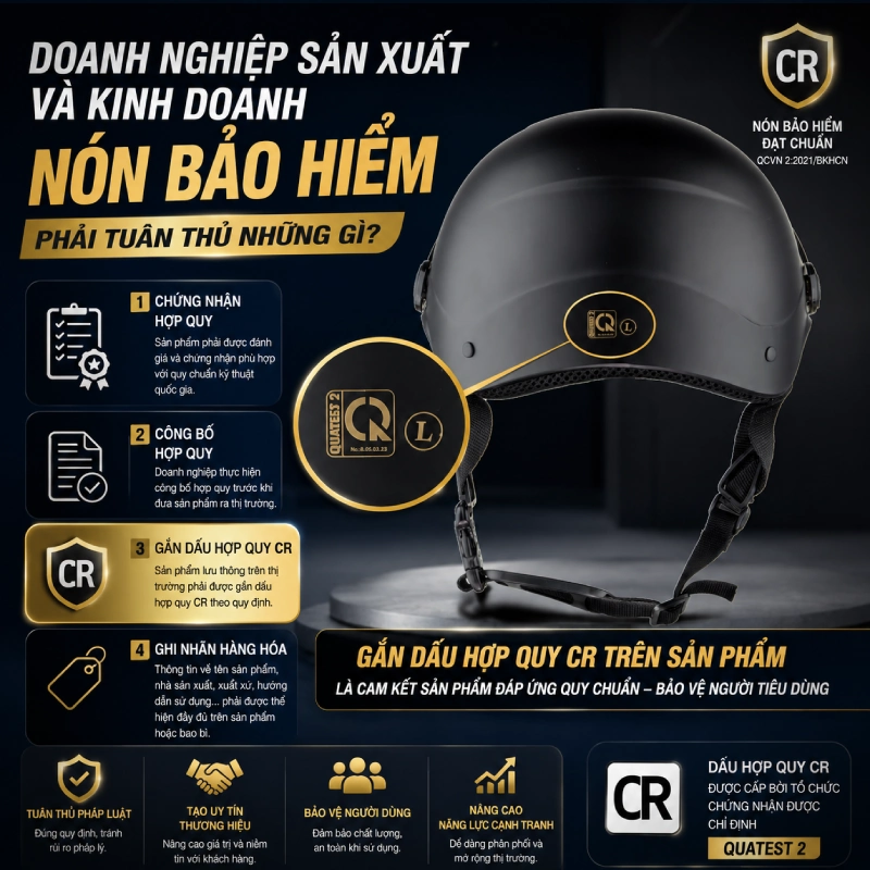 Doanh nghiệp sản xuất và kinh doanh nón bảo hiểm phải tuân thủ Gắn dấu hợp quy CR trên sản phẩm