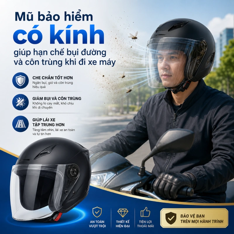 Có nên mua mũ bảo hiểm có kính không? Có vì Kính giúp hạn chế bụi đường và côn trùng