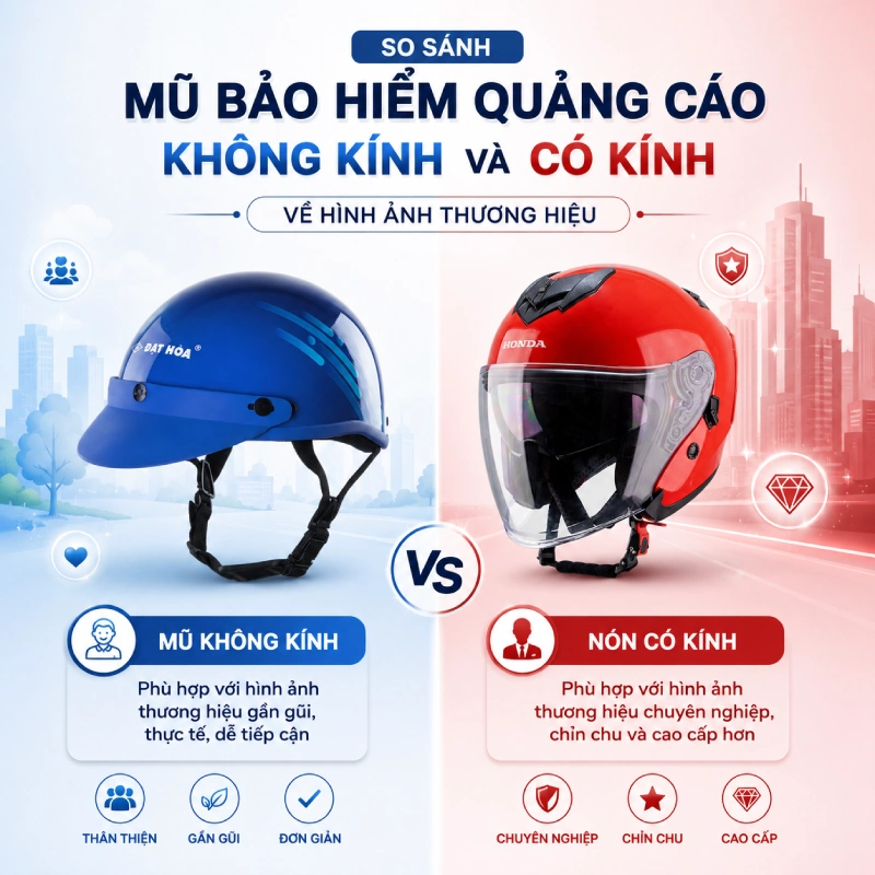 Nên chọn mũ bảo hiểm quảng cáo không kính hay có kính? 9 Nên chọn mũ bảo hiểm quảng cáo không kính hay có kính nếu xét về hình ảnh thương hiệu