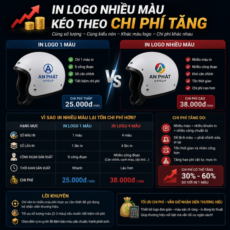 Có nên in logo nhiều màu trên nón bảo hiểm? 3 In logo nhiều màu kéo theo chi phí tăng