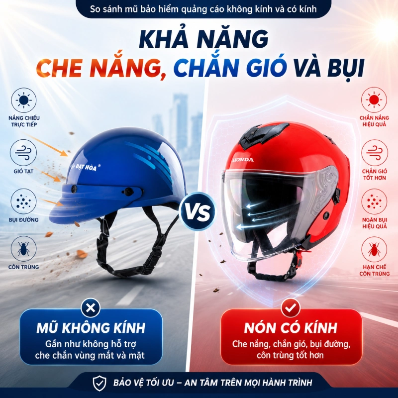 Nên chọn mũ bảo hiểm quảng cáo không kính hay có kính? 5 Nên chọn mũ bảo hiểm quảng cáo không kính hay có kính nếu xét về khả năng che chắn bụi, chống nắng, chống côn trùng