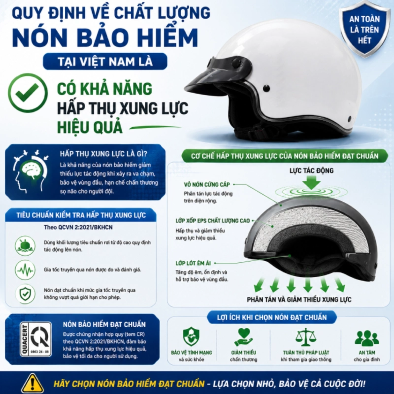 Quy định về chất lượng nón bảo hiểm tại Việt Nam là Có khả năng hấp thụ xung lực hiệu quả