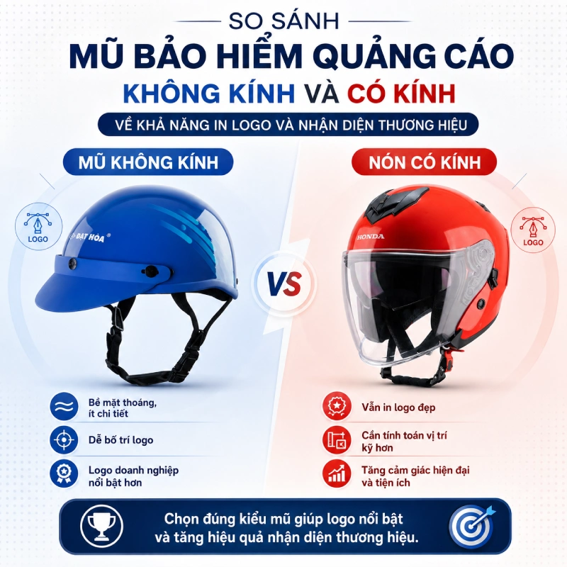 Nên chọn mũ bảo hiểm quảng cáo không kính hay có kính? 8 Nên chọn mũ bảo hiểm quảng cáo không kính hay có kính nếu xét về khả năng in logo và nhận diện thương hiệu