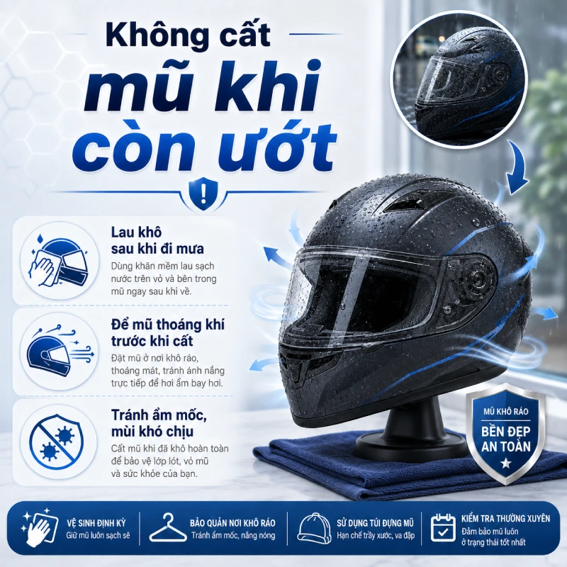 Cách bảo quản mũ bảo hiểm luôn mới đẹp là Không cất mũ khi còn ướt