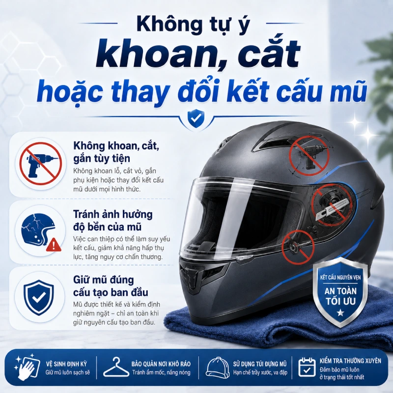 Không tự ý khoan, cắt hoặc thay đổi kết cấu mũ