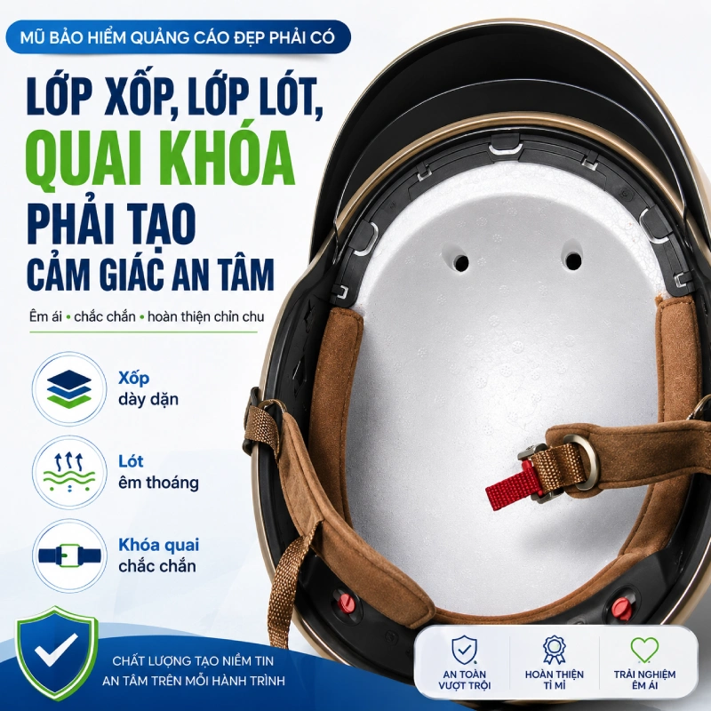 7 yếu tố tạo nên mũ bảo hiểm quảng cáo đẹp 7 Lớp xốp, lớp lót, quai khóa phải tạo cảm giác an tâm