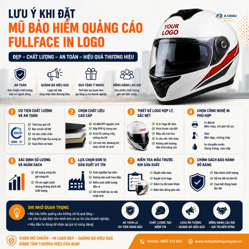 Tổng hợp các mũ bảo hiểm quảng cáo fullface đẹp 2026 12 Lưu ý khi đặt mũ bảo hiểm quảng cáo fullface in logo