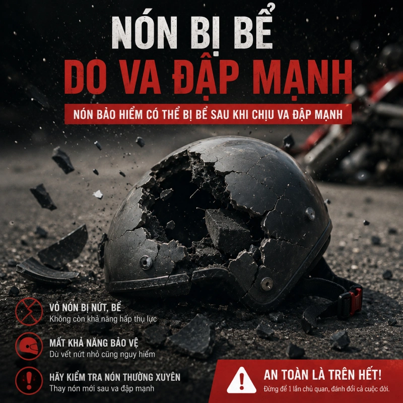 Nón bị bể do va đập mạnh