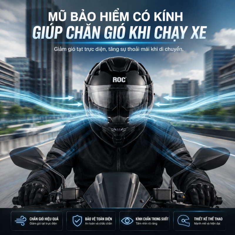 Có nên mua mũ bảo hiểm có kính không?Có vì kính giúp chắn gió khi chạy xe