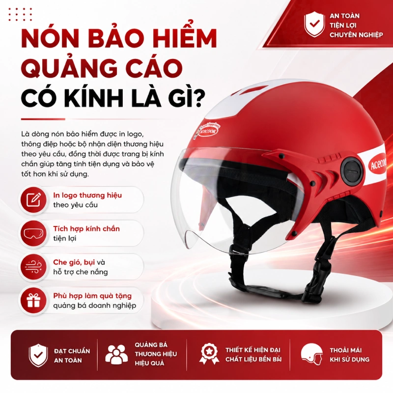 Nên chọn mũ bảo hiểm quảng cáo không kính hay có kính? 2 Nón bảo hiểm quảng cáo có kính là gì?
