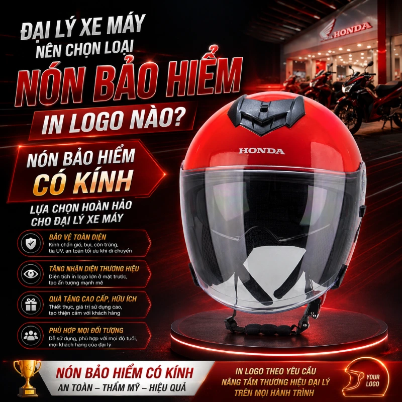 Đại lý xe máy nên chọn loại nón bảo hiểm in logo dòng Nón bảo hiểm có kính