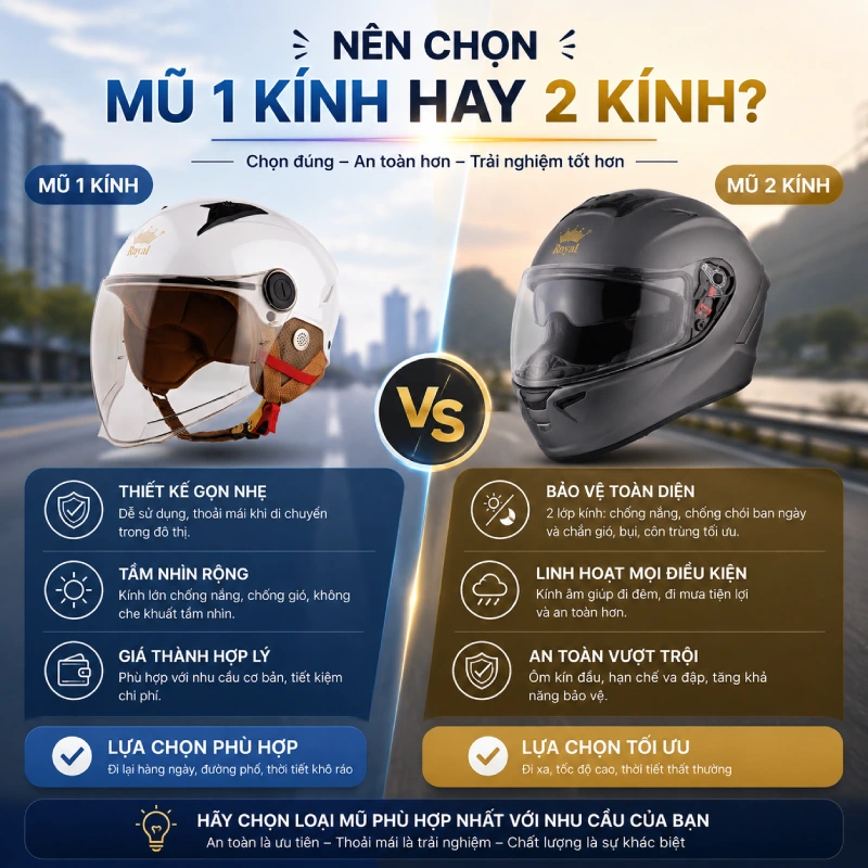Nên chọn mũ 1 kính hay 2 kính?