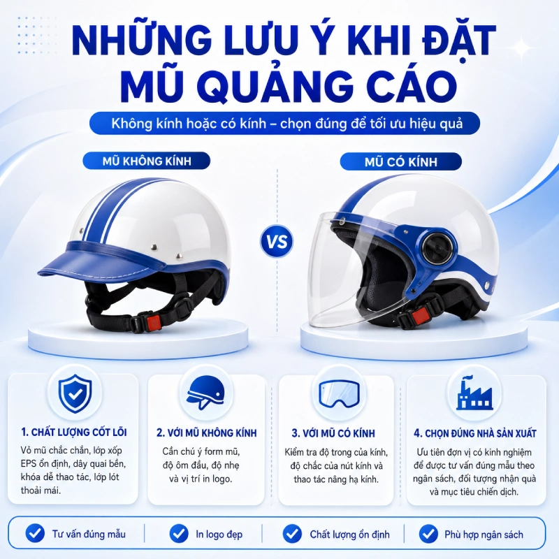 Nên chọn mũ bảo hiểm quảng cáo không kính hay có kính? 11 Những lưu ý khi đặt mũ quảng cáo không kính hoặc có kính