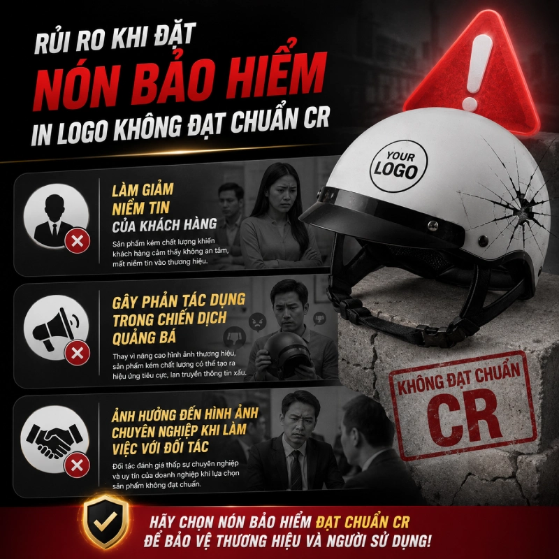 Nón bảo hiểm in logo có cần đạt chuẩn CR không? 4 Rủi ro khi đặt nón bảo hiểm in logo không đạt chuẩn CR