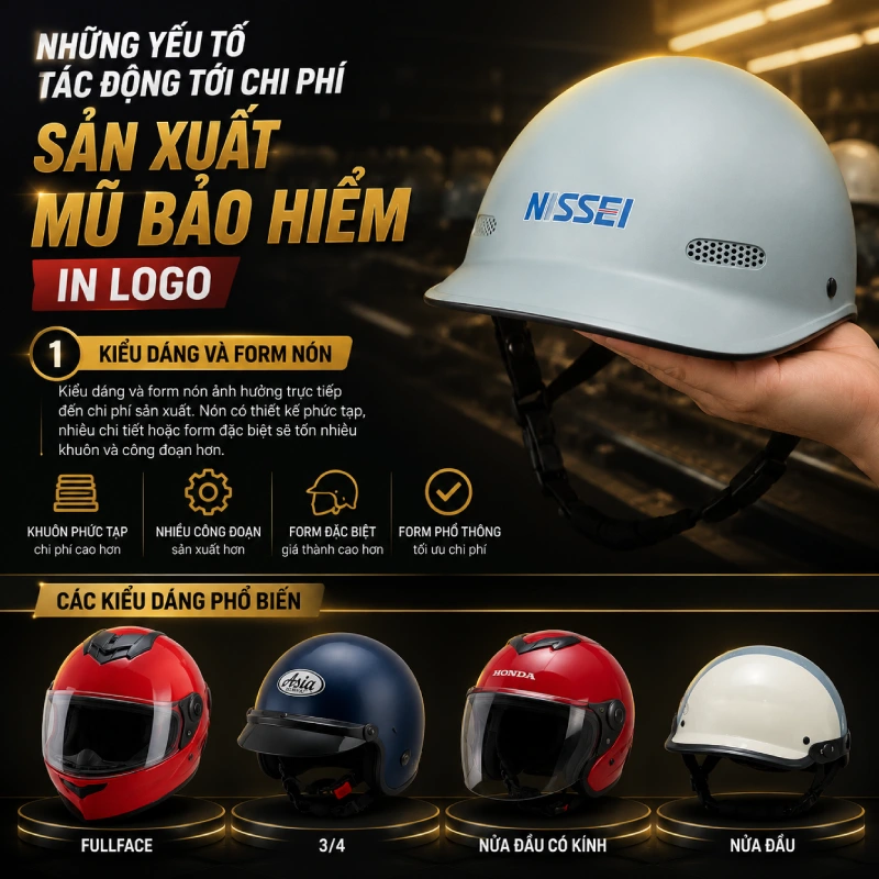 Những yếu tố tác động tới chi phí sản xuất mũ bảo hiểm in logo là kiểu dáng và form nón