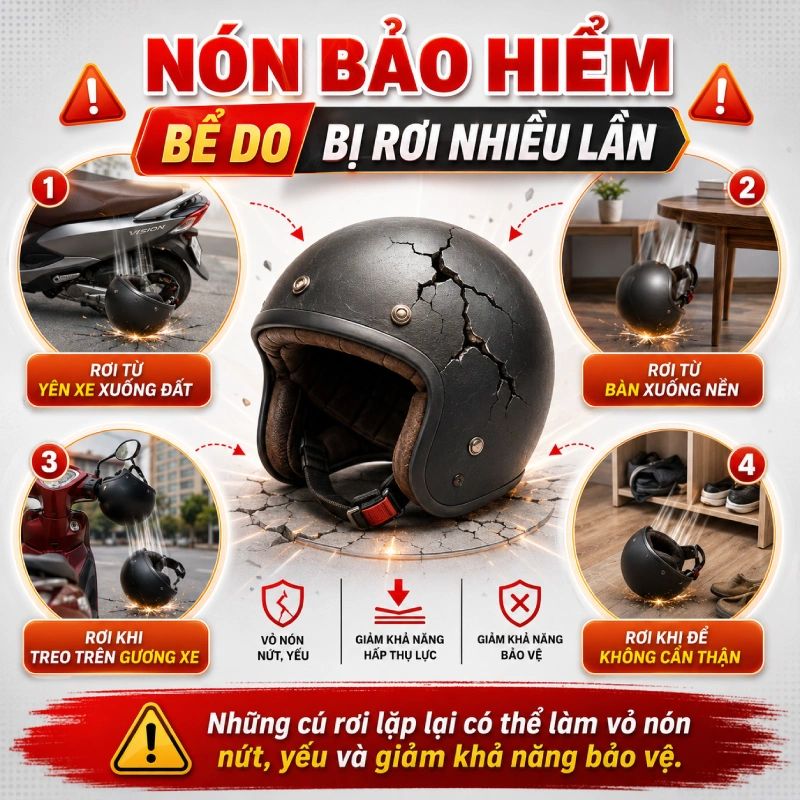 Nón bảo hiểm bể do bị rơi nhiều lần