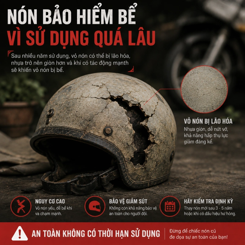 Nón bảo hiểm bể vì sử dụng quá lâu