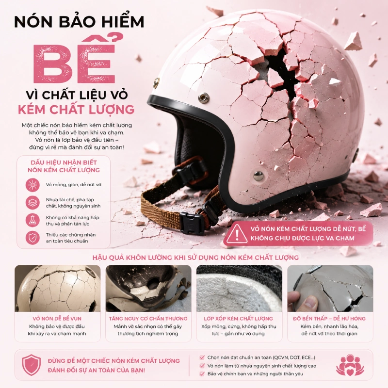 Nón bảo hiểm bể vì chất liệu vỏ kém chất lượng