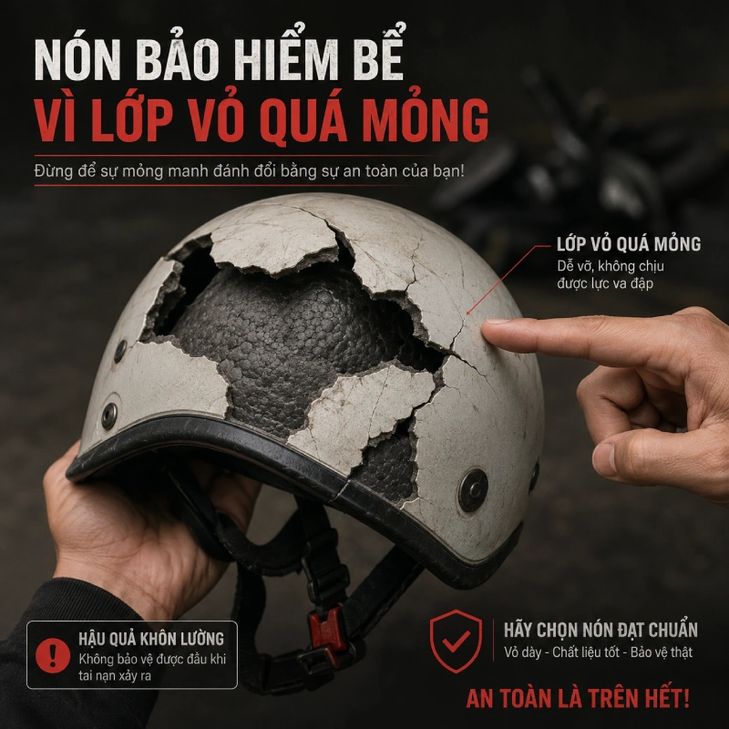 Nón bảo hiểm bể vì lớp vỏ quá mỏng