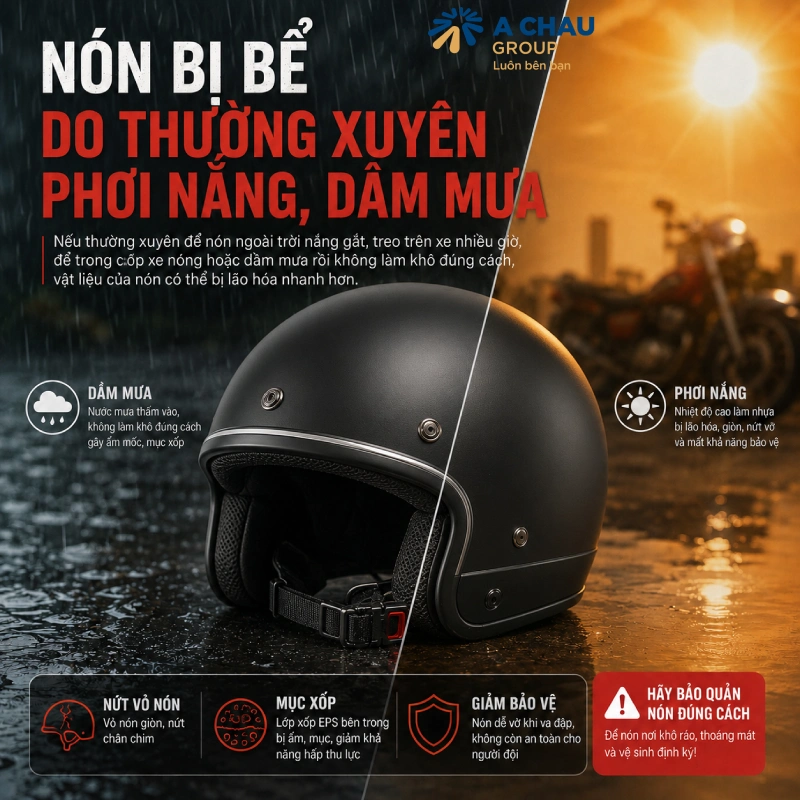 Nón bị bể do thường xuyên phơi nắng, dầm mưa suốt nhiều năm