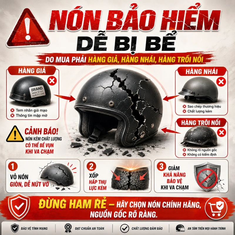 Nón bảo hiểm bể do mua phải hàng giả, hàng nhái, hàng trôi nổi